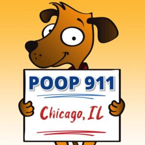 POOP 911 Chicago, IL pooper scooper service yard sign being held by a happy brown dog.
