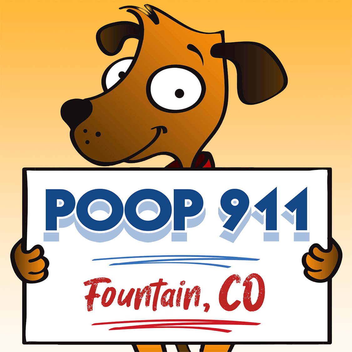 POOP 911 Fountain, Colorado pooper scooper service yard sign being held by a smiling brown dog.