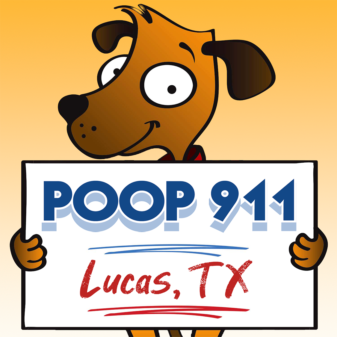 POOP 911 Lucas, Texas pooper scooper service yard sign being held by a smiling brown dog.