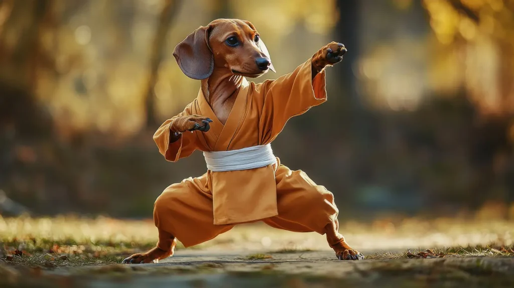 A cute and funny Dachshund doing Kung Fu in the yard.