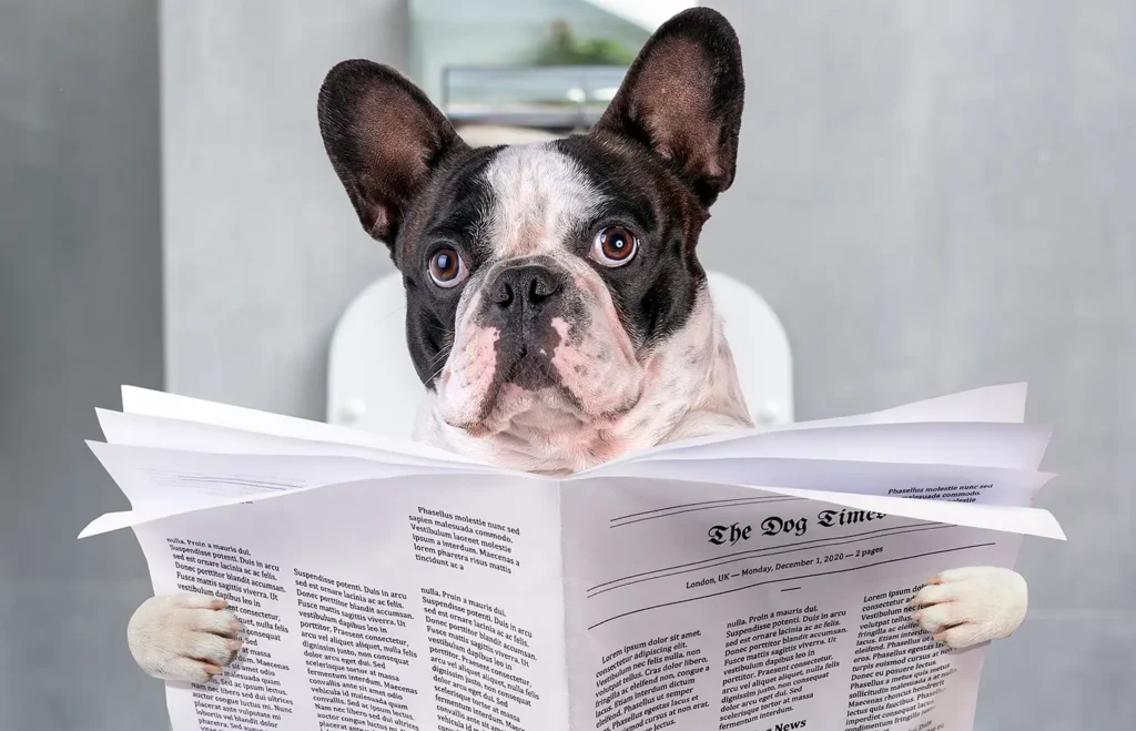 Hilarious black and white French Bulldog sitting on the toilet reading a newspaper.