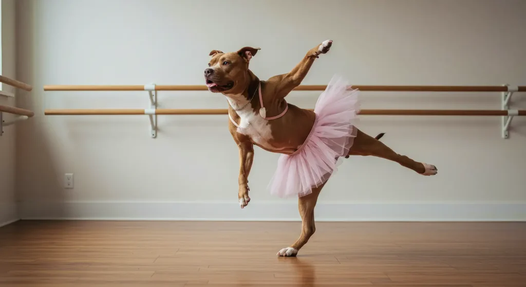 A Pit Bull dressed as a ballerina in a pink tutu, practising their technique in the studio.
