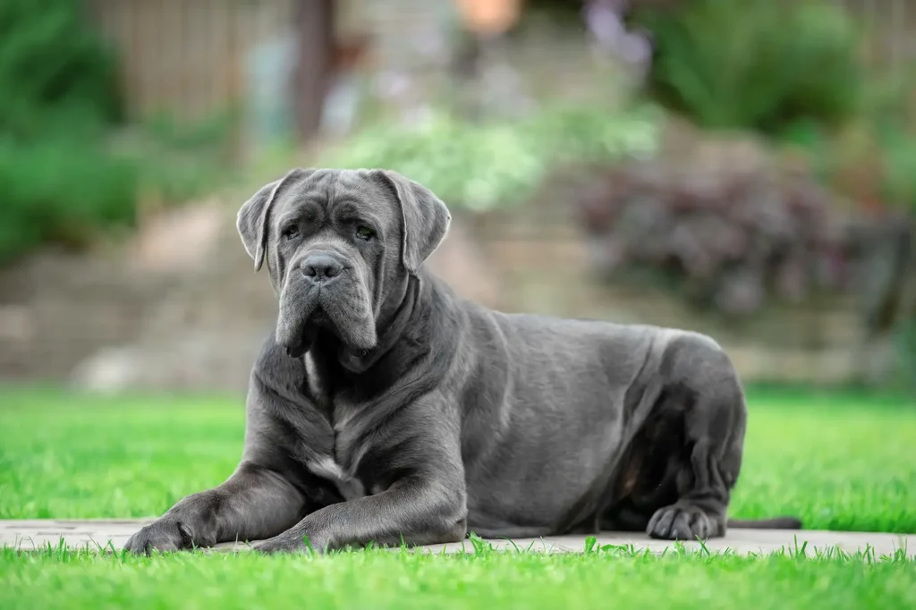 A beautiful dark grey Cane Corso relaxing on a lush green lawn.