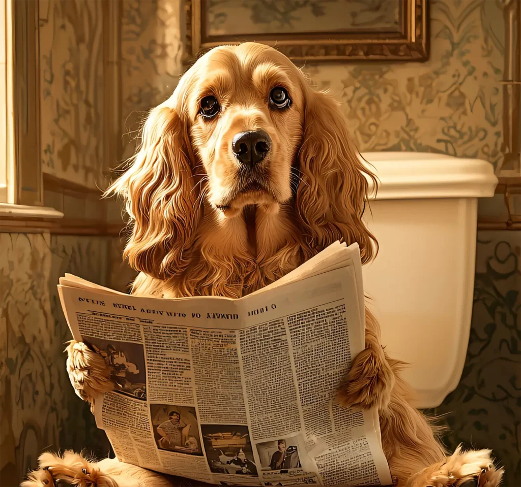 An adorable Cocker Spaniel being surprised while sitting on the toilet reading a newspaper.