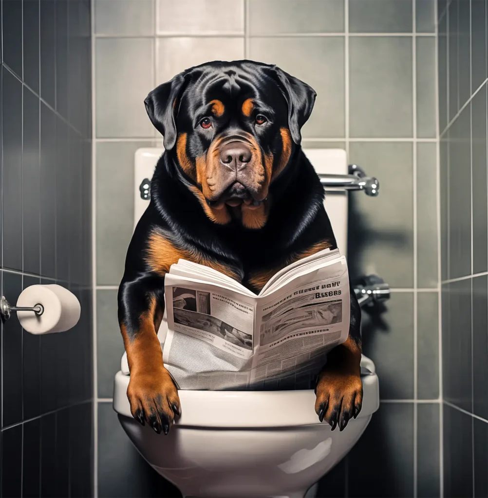 A Rottweiler sitting on the toilet while reading a newspaper.
