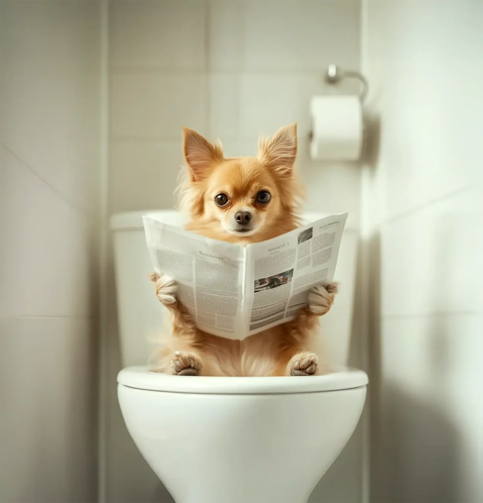 A cute Chihuahua sitting on the toilet while reading a newspaper.