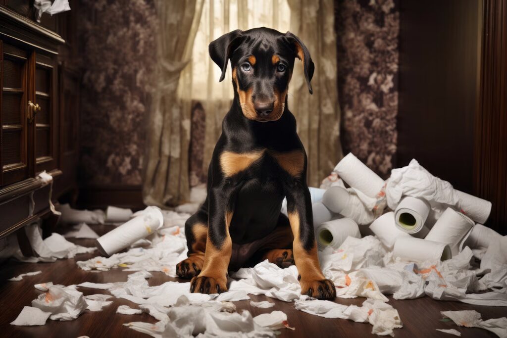 A cute Doberman puppy using a little too much toilet paper.