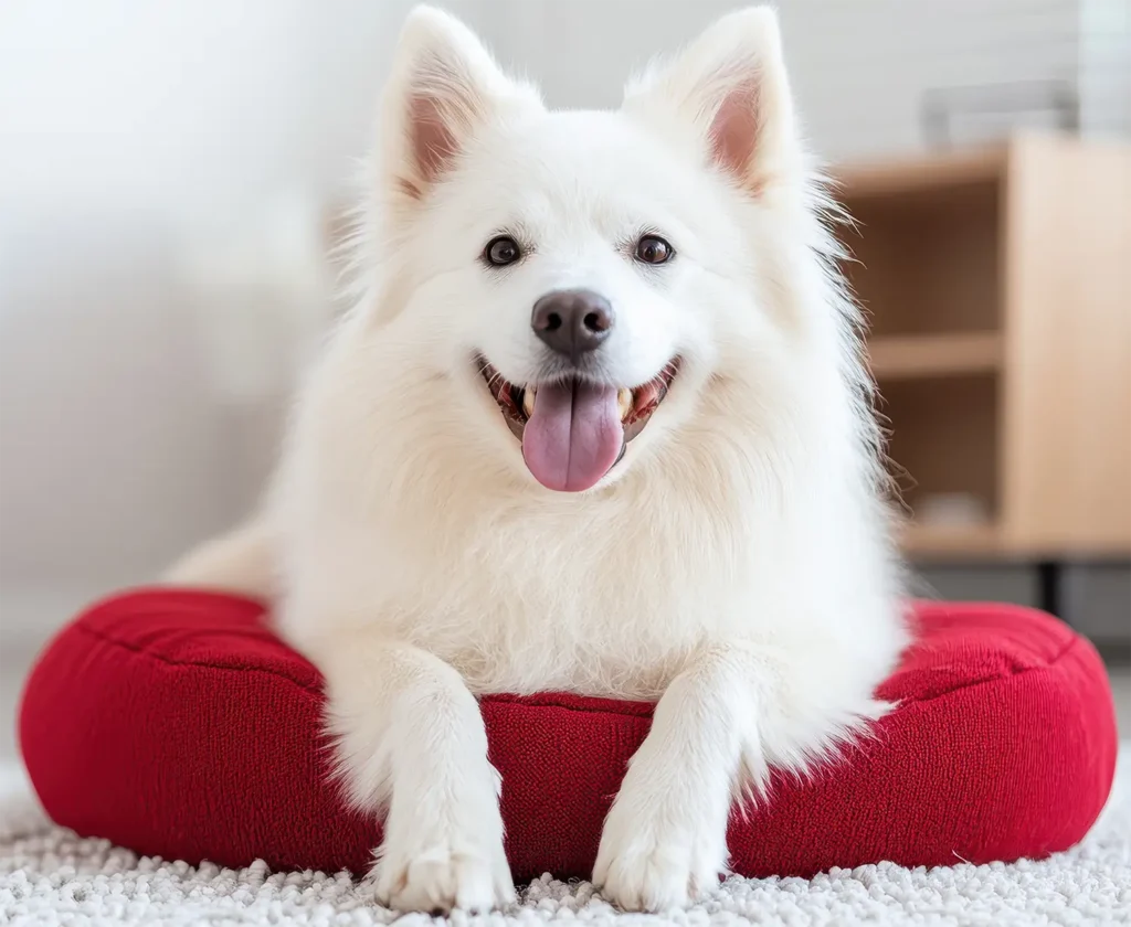 A happy snowball white samoyed chilling on a soft red pillow smiling at you.