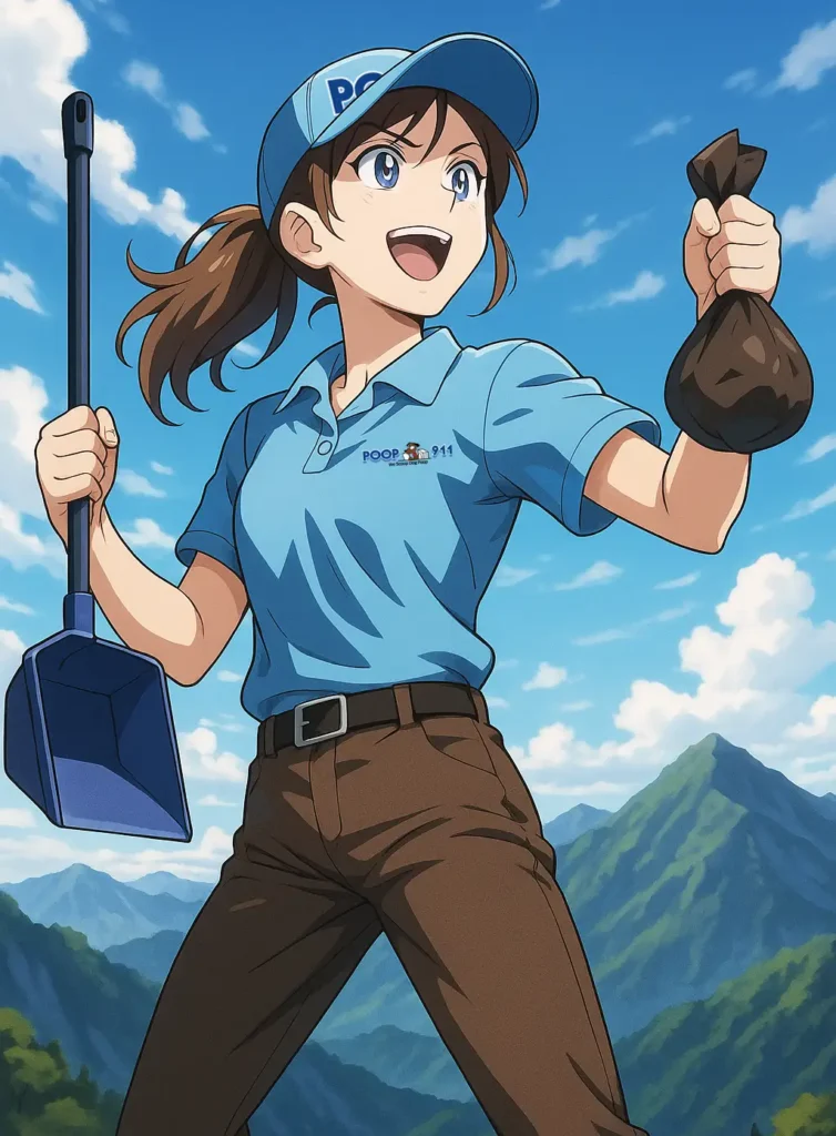 An anime illustration of an enthusiastic POOP 911 Pooper Scooper Services tech holding up a bag of scooped dog poop from the top of a mountain with a beautiful blue sky and mountain landscape background.
