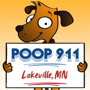 POOP 911 Lakeville Minnesota Pooper Scooper Service Yard Sign being held by a Happy and Smiling Brown Dog.