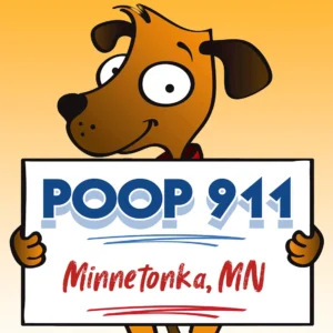 POOP 911 Minnetonka Minnesota Pooper Scooper Service Yard Sign being held by a Happy and Smiling Brown Dog.