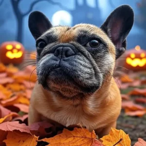 A funny french bulldog having a halloween poop in the fall leaves.