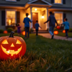 Kids trick-or-treating in a dog poop free yard at night, with a happy jack-o-lantern welcoming them.