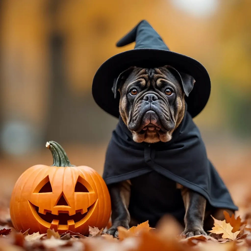 A Halloween inspired Bulldog in a witch costume sitting in the yard next to a jack-o-lantern with Fall leaves and on the ground.