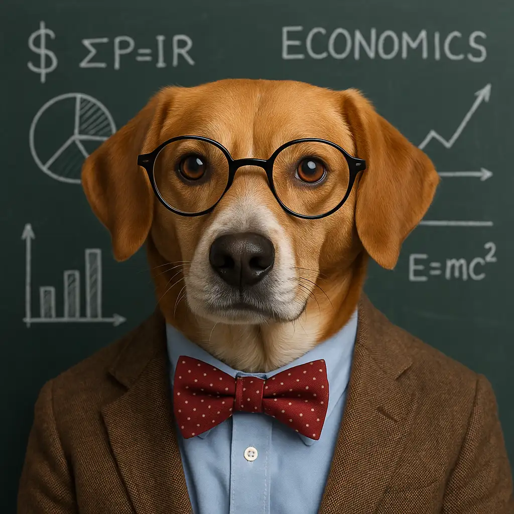 The Economics of Hiring a Pooper Scooper Service. Dog wearing glasses, standing in front of a chalkboard.