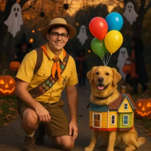 Matching Russell and Dug Halloween costumes for pet parents and their dogs.