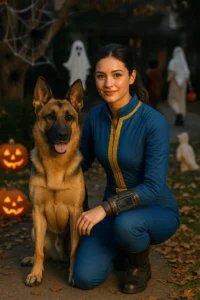 Matching Fallout Halloween costumes for pet parents and their dogs.