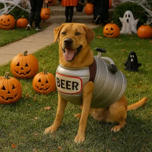 A happy Labrador Retriever dressed as a silver beer keg with a tap handle on its back, sitting among pumpkins and Halloween decorations, looking ready to serve up some “Lab-tested brews.”