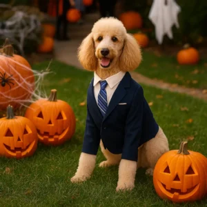 A dapper Standard Poodle dressed in a navy blue business suit and striped tie, sitting among jack-o’-lanterns and Halloween decorations, looking like he’s ready to close the “treats and belly rubs” deal of the year.