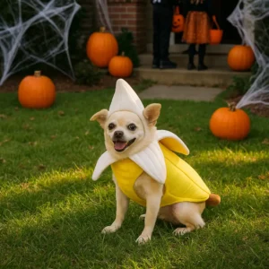 A cheerful Chihuahua dressed as a bright yellow banana, sitting proudly on a lawn surrounded by pumpkins and Halloween decorations, looking like the most a-peeling pup at the party.