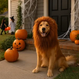 A cheerful Golden Retriever wearing a lion’s mane costume, sitting proudly on a pumpkin-decorated porch, looking like the undisputed “King of the Suburban Jungle.”