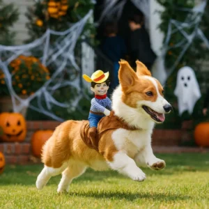A happy Pembroke Welsh Corgi running across a yard decorated for Halloween, wearing a cowboy rider costume with a toy cowboy figure on its back and pumpkins and cobwebs in the background.