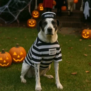 A black and white dog wearing a black-and-white striped prisoner costume with an “INMATE 08131” tag, sitting on a lawn surrounded by glowing jack-o’-lanterns and Halloween decorations.