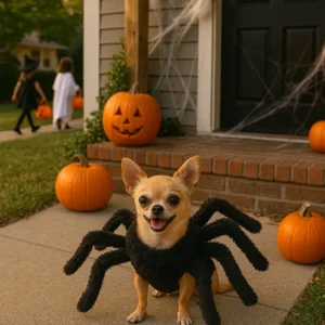 A smiling Chihuahua wearing a fuzzy black spider costume with eight legs, sitting on a front porch decorated with pumpkins and cobwebs while children trick-or-treat in the background.