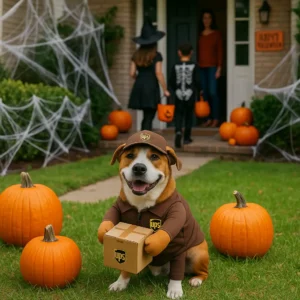 A smiling Pembroke Welsh Corgi dressed in a UPS delivery driver costume holding a small package, sitting on a lawn surrounded by pumpkins and Halloween decorations while children trick-or-treat at a decorated house in the background.