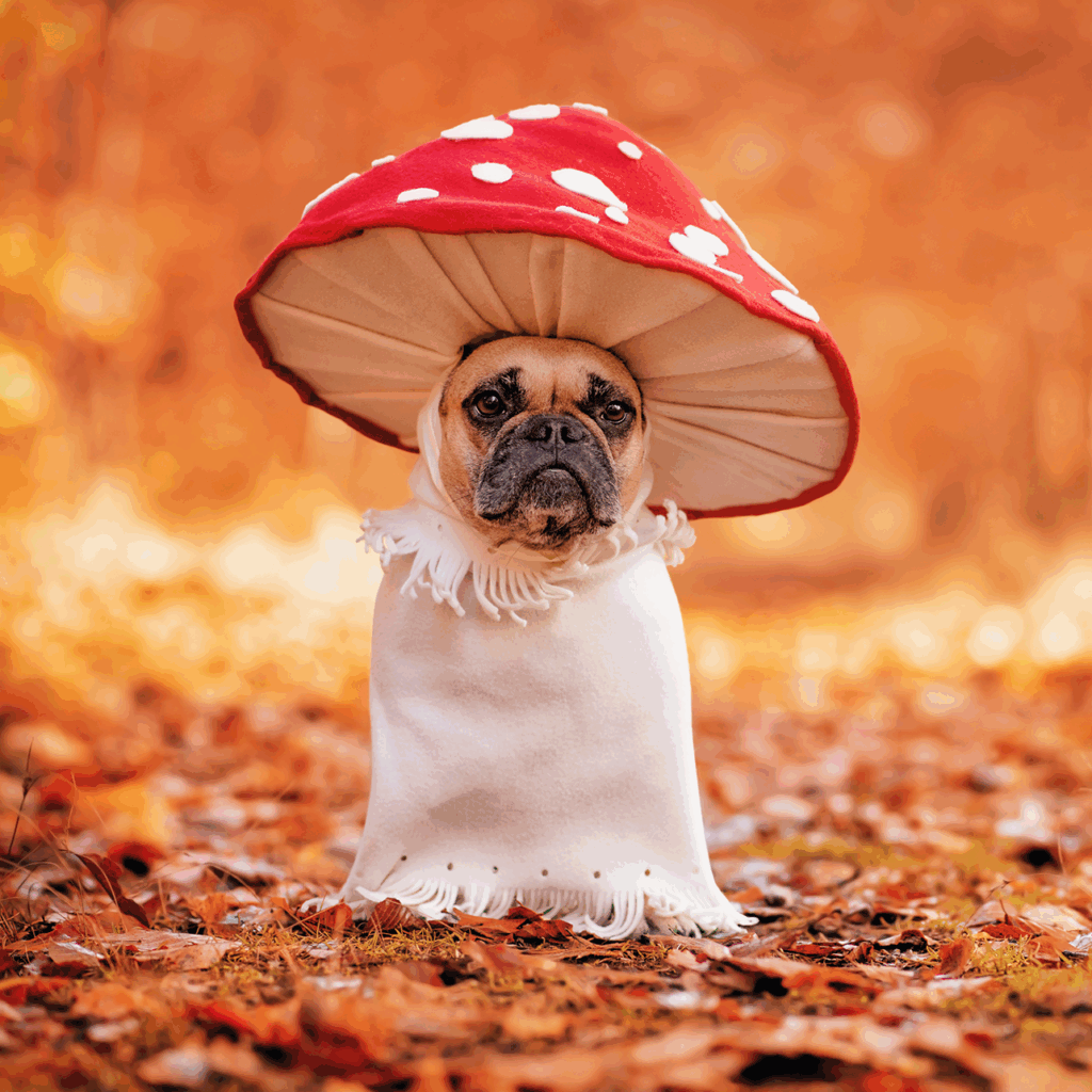 This Frenchie is dressed in a whimsical mushroom costume, complete with a red cap and white spots, making it look extra charming against the autumn backdrop.