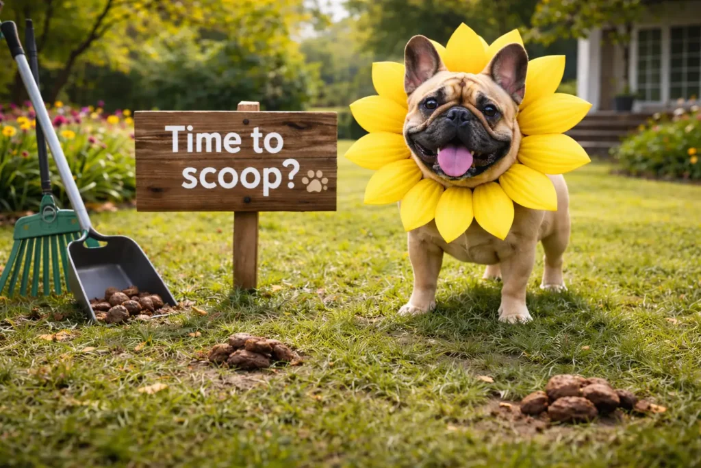 How Often Should Dog Poop Be Picked Up From Your Yard? A French Bulldog wearing a sunflower collar is in the yard, with a few dog poop mounds nearby and a yard sign that reads, "Time to scoop?"